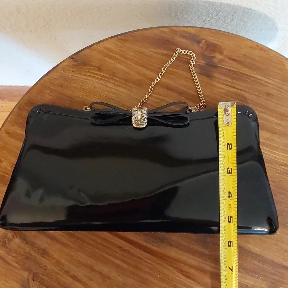 Vintage Black VINYL RETRO Bow Clutch evening bag Gold strap Sleek elegant